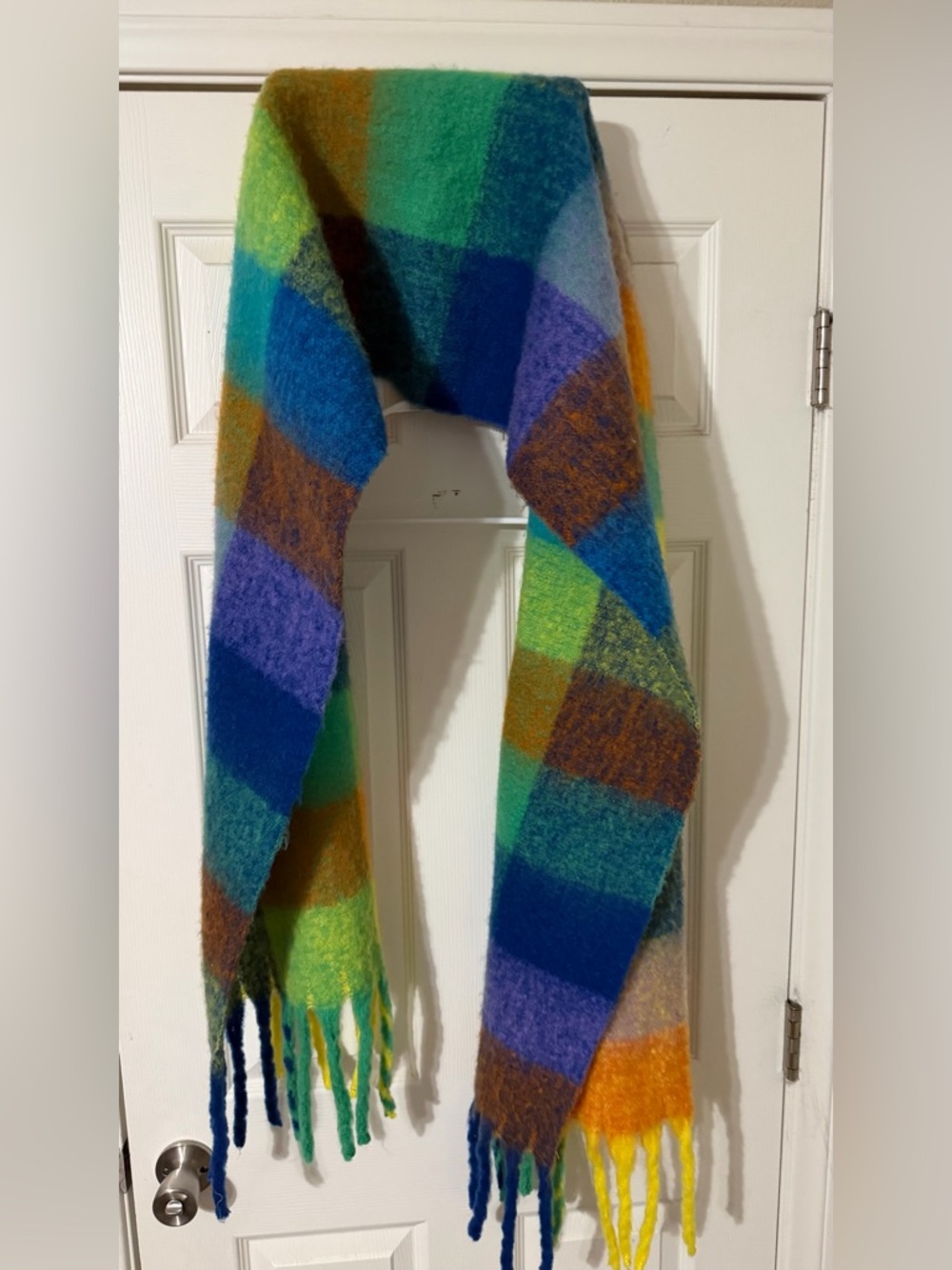 Colorblock Mohair-Blend Fringe Scarf in Blue, Green, Purple, Brown